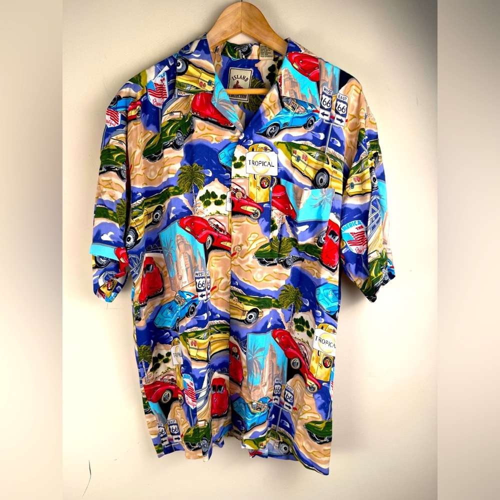 Island Collection Hawaiian Corvette Car Route 66 Button Up Rayon‎ Shirt Size L